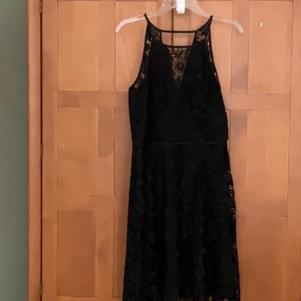 Black cocktail dress —-fully lined with lace overlay